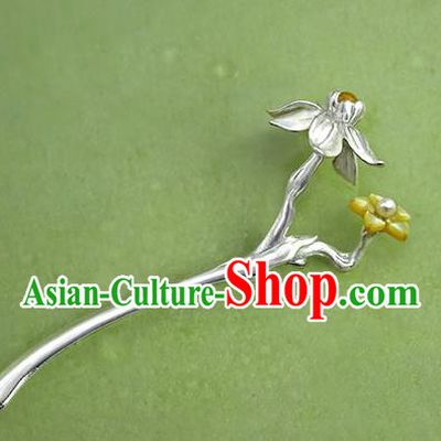 Chinese National Silver Daffodil Hair Stick Traditional Cheongsam Hair Accessories Handmade Shell Hairpin