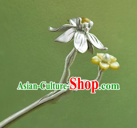 Chinese National Silver Daffodil Hair Stick Traditional Cheongsam Hair Accessories Handmade Shell Hairpin Chinese National Silver Daffodil Hair Stick Traditional Cheongsam Hair Accessories Handmade Shell Hairpin