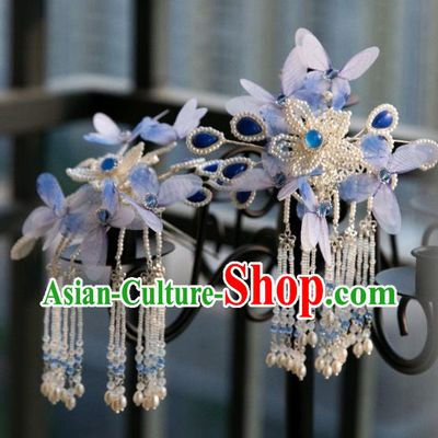 Chinese Traditional Ming Dynasty Hair Accessories Ancient Princess Blue Butterfly Pearls Tassel Hairpin