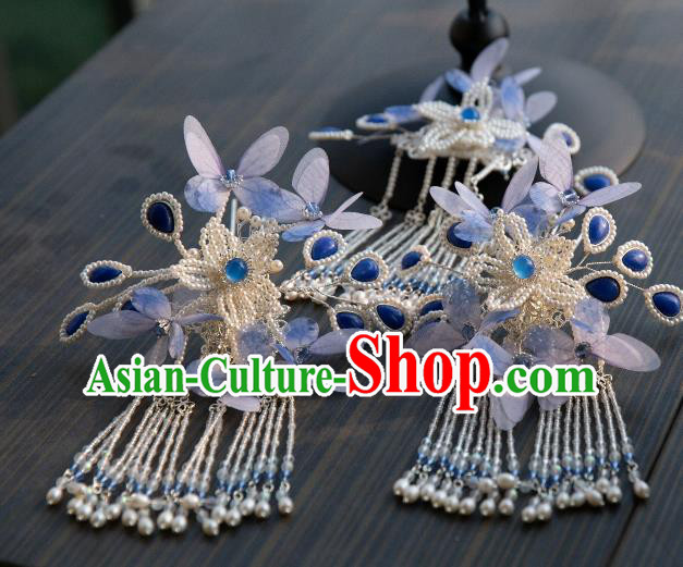 Chinese Traditional Ming Dynasty Hair Accessories Ancient Princess Blue Butterfly Pearls Tassel Hairpin Chinese Traditional Ming Dynasty Hair Accessories Ancient Princess Blue Butterfly Pearls Tassel Hairpin