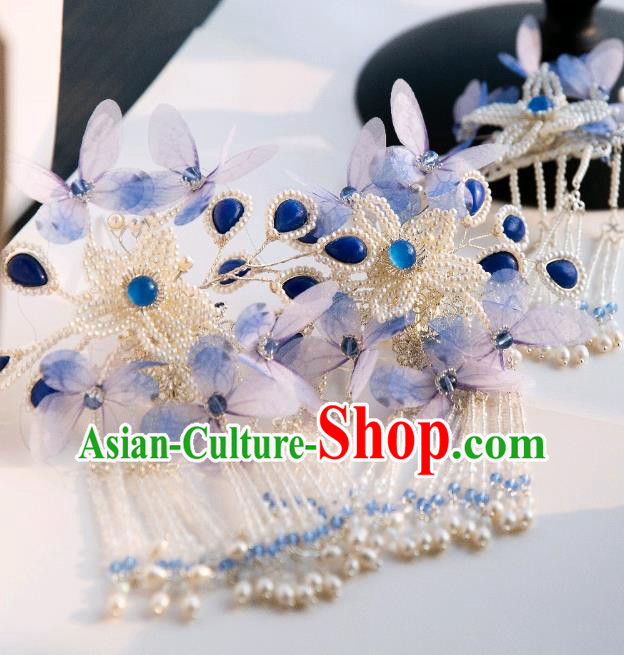 Chinese Traditional Ming Dynasty Hair Accessories Ancient Princess Blue Butterfly Pearls Tassel Hairpin Chinese Traditional Ming Dynasty Hair Accessories Ancient Princess Blue Butterfly Pearls Tassel Hairpin
