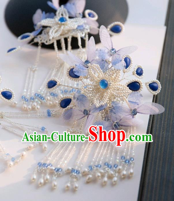 Chinese Traditional Ming Dynasty Hair Accessories Ancient Princess Blue Butterfly Pearls Tassel Hairpin Chinese Traditional Ming Dynasty Hair Accessories Ancient Princess Blue Butterfly Pearls Tassel Hairpin