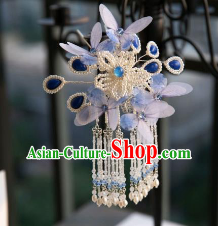 Chinese Traditional Ming Dynasty Hair Accessories Ancient Princess Blue Butterfly Pearls Tassel Hairpin Chinese Traditional Ming Dynasty Hair Accessories Ancient Princess Blue Butterfly Pearls Tassel Hairpin