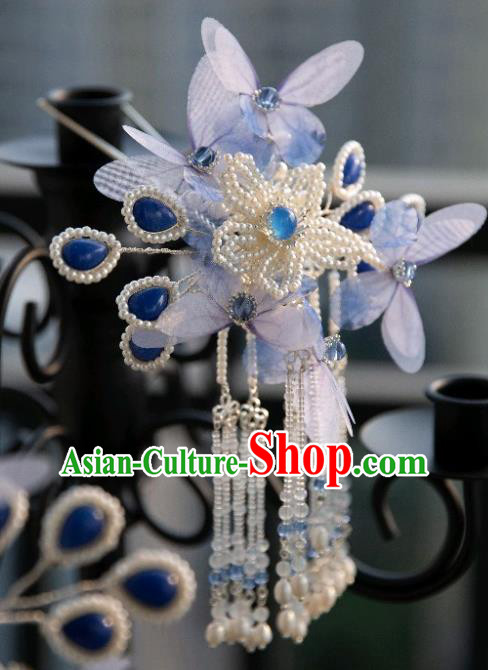 Chinese Traditional Ming Dynasty Hair Accessories Ancient Princess Blue Butterfly Pearls Tassel Hairpin Chinese Traditional Ming Dynasty Hair Accessories Ancient Princess Blue Butterfly Pearls Tassel Hairpin