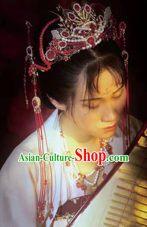 Chinese Ancient Princess Red Tassel Hair Crown Traditional Tang Dynasty Wedding Hair Accessories Chinese Ancient Princess Red Tassel Hair Crown Traditional Tang Dynasty Wedding Hair Accessories