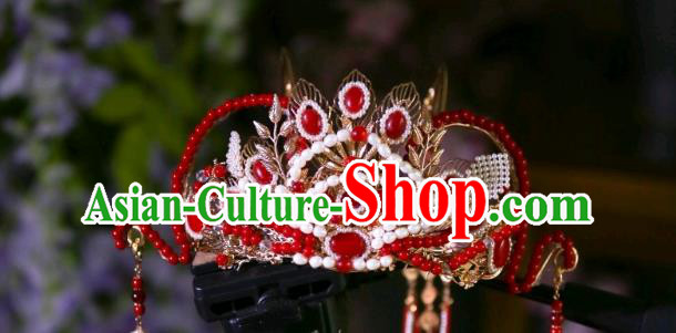 Chinese Ancient Princess Red Tassel Hair Crown Traditional Tang Dynasty Wedding Hair Accessories Chinese Ancient Princess Red Tassel Hair Crown Traditional Tang Dynasty Wedding Hair Accessories