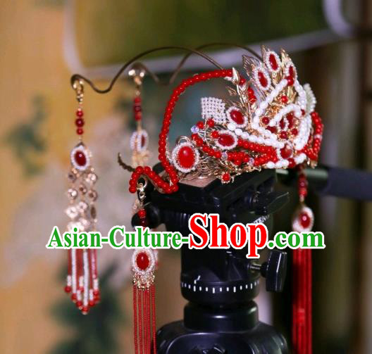 Chinese Ancient Princess Red Tassel Hair Crown Traditional Tang Dynasty Wedding Hair Accessories Chinese Ancient Princess Red Tassel Hair Crown Traditional Tang Dynasty Wedding Hair Accessories