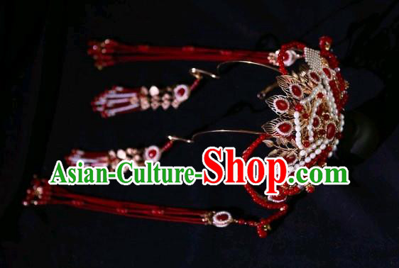 Chinese Ancient Princess Red Tassel Hair Crown Traditional Tang Dynasty Wedding Hair Accessories Chinese Ancient Princess Red Tassel Hair Crown Traditional Tang Dynasty Wedding Hair Accessories