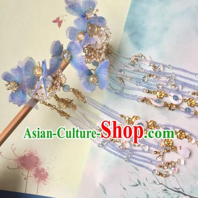 Chinese Traditional Ming Dynasty Blue Silk Butterfly Hairpin Ancient Princess Tassel Hair Claw