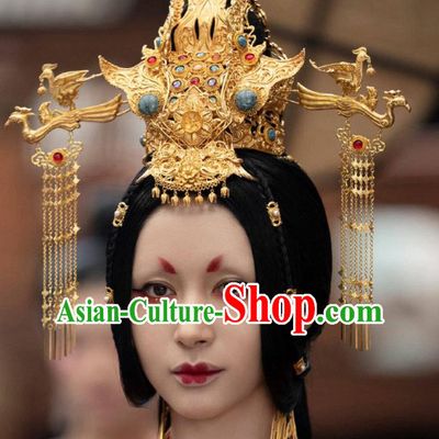 Chinese Ancient Imperial Empress Golden Hair Crown and Tassel Hairpins Movie Qing Ya Ji Princess Changping Headwear