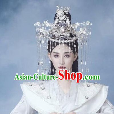 Chinese Drama Sansheng Sanshi Pillow Headwear Ancient Queen Goddess Bai Qian Wedding Argent Tassel Hair Crown