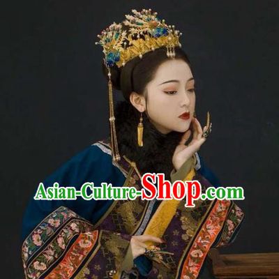 Chinese Qing Dynasty Queen Hair Accessories Ancient Imperial Concubine Blueing Phoenix Coronet