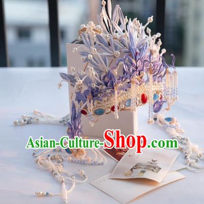 Chinese Traditional Song Dynasty Court Pearls Tassel Hair Accessories Ancient Imperial Concubine Lilac Silk Flowers Hair Crown