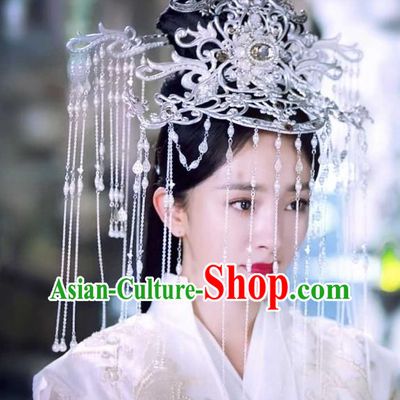 Chinese Ancient Goddess Wedding Argent Hair Crown Drama Sansheng Sanshi Pillow Bai Qian Hair Accessories