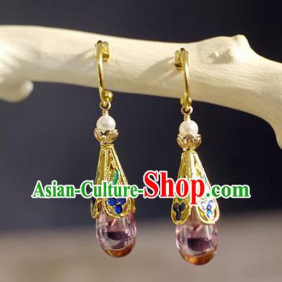 China Handmade Zircon Earrings Traditional Qing Dynasty Cloisonne Ear Jewelry