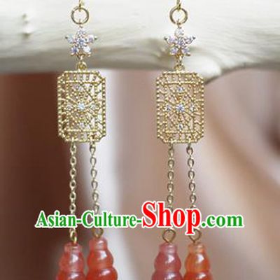 China Handmade Agate Gourd Tassel Earrings Traditional Ming Dynasty Empress Ear Jewelry