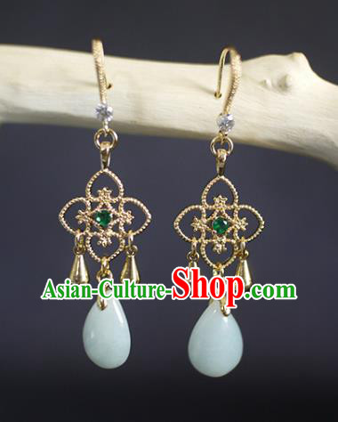 China Handmade Jadeite Earrings Traditional Ming Dynasty Golden Clover Ear Jewelry China Handmade Jadeite Earrings Traditional Ming Dynasty Golden Clover Ear Jewelry