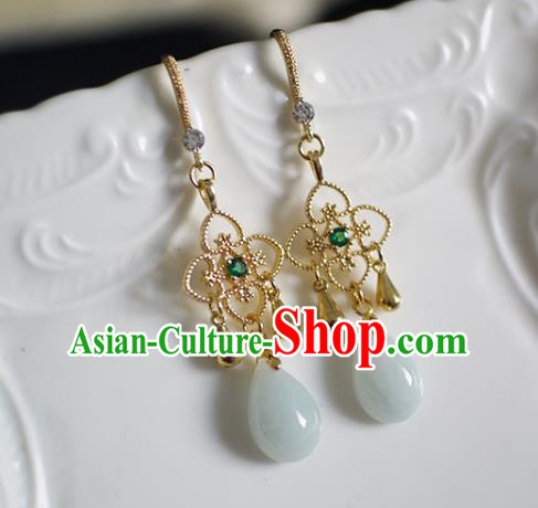 China Handmade Jadeite Earrings Traditional Ming Dynasty Golden Clover Ear Jewelry China Handmade Jadeite Earrings Traditional Ming Dynasty Golden Clover Ear Jewelry