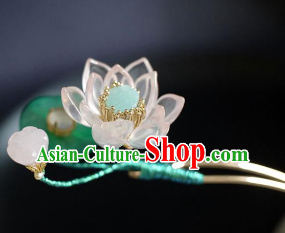 Chinese Traditional Ming Dynasty Pink Lotus Hair Stick Ancient Princess Jade Leaf Hairpin Chinese Traditional Ming Dynasty Pink Lotus Hair Stick Ancient Princess Jade Leaf Hairpin