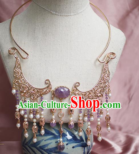 Chinese Traditional Ming Dynasty Pearls Tassel Necklace Accessories Ancient Princess Amethyst Necklet Chinese Traditional Ming Dynasty Pearls Tassel Necklace Accessories Ancient Princess Amethyst Necklet