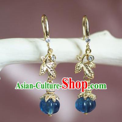China Handmade Blue Fluorite Pumpkin Earrings Traditional Tang Dynasty Princess Ear Jewelry