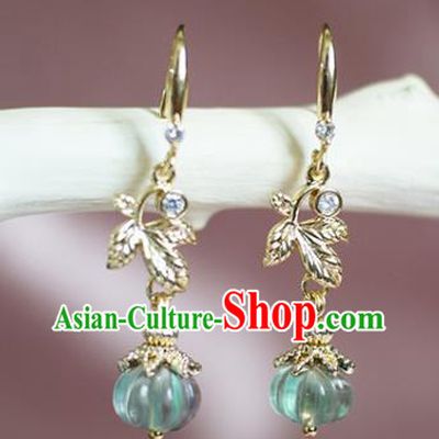 China Handmade Green Pumpkin Earrings Traditional Ming Dynasty Princess Golden Leaf Ear Jewelry