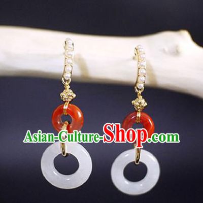 China Handmade Agate Earrings Traditional Cheongsam Jade Peace Buckle Ear Jewelry