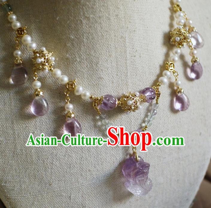 Chinese Traditional Hanfu Pearls Necklace Jewelry Ancient Ming Dynasty Princess Amethyst Necklet Chinese Traditional Hanfu Pearls Necklace Jewelry Ancient Ming Dynasty Princess Amethyst Necklet