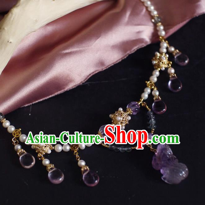 Chinese Traditional Hanfu Pearls Necklace Jewelry Ancient Ming Dynasty Princess Amethyst Necklet Chinese Traditional Hanfu Pearls Necklace Jewelry Ancient Ming Dynasty Princess Amethyst Necklet