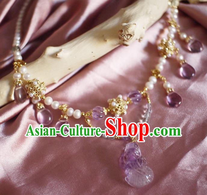 Chinese Traditional Hanfu Pearls Necklace Jewelry Ancient Ming Dynasty Princess Amethyst Necklet Chinese Traditional Hanfu Pearls Necklace Jewelry Ancient Ming Dynasty Princess Amethyst Necklet