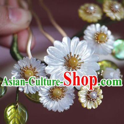 Chinese Ancient Palace Lady Pearls Hairpin Traditional Ming Dynasty Shell Daisy Hair Comb
