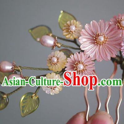 Chinese Ancient Princess Pearls Hairpin Traditional Ming Dynasty Pink Shell Daisy Hair Comb