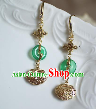 China Handmade Jade Peace Buckle Earrings Traditional Ming Dynasty Golden Lock Ear Jewelry China Handmade Jade Peace Buckle Earrings Traditional Ming Dynasty Golden Lock Ear Jewelry