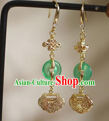 China Handmade Jade Peace Buckle Earrings Traditional Ming Dynasty Golden Lock Ear Jewelry China Handmade Jade Peace Buckle Earrings Traditional Ming Dynasty Golden Lock Ear Jewelry