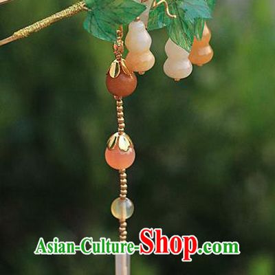 Chinese Ancient Court Lady Hairpin Traditional Ming Dynasty Jade Gourd Tassel Hair Stick