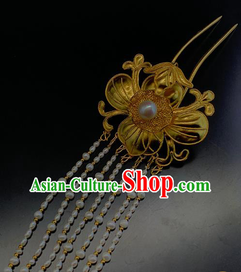Chinese Ancient Empress Golden Lotus Leaf Hair Stick Traditional Ming Dynasty Pearls Tassel Hairpin