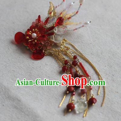 Chinese Ancient Young Beauty Beads Phoenix Hairpin Traditional Ming Dynasty Red Flowers Hair Claw