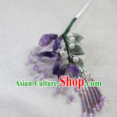 Chinese Ancient Princess Amethyst Hairpin Traditional Ming Dynasty Purple Beads Tassel Hair Clip