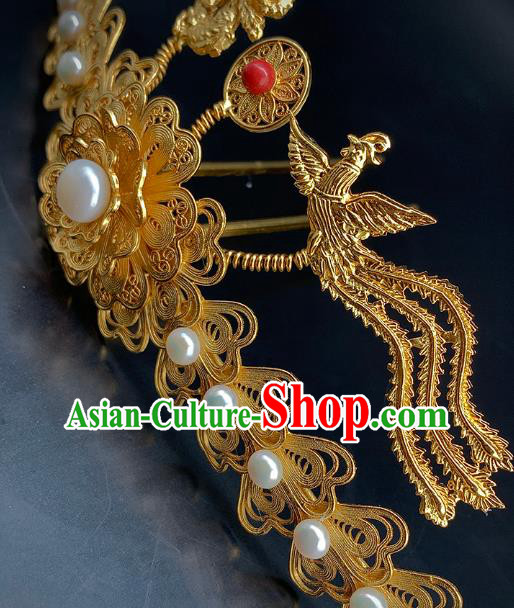 Chinese Ancient Court Empress Pearls Hair Crown Traditional Ming Dynasty Golden Phoenix Dragon Hairpin Chinese Ancient Court Empress Pearls Hair Crown Traditional Ming Dynasty Golden Phoenix Dragon Hairpin