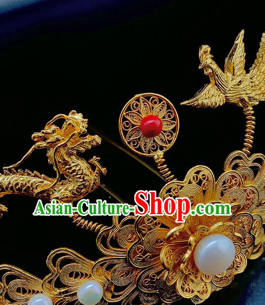 Chinese Ancient Court Empress Pearls Hair Crown Traditional Ming Dynasty Golden Phoenix Dragon Hairpin Chinese Ancient Court Empress Pearls Hair Crown Traditional Ming Dynasty Golden Phoenix Dragon Hairpin