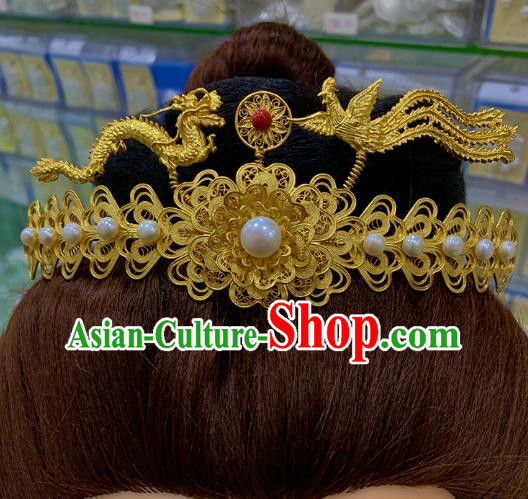 Chinese Ancient Court Empress Pearls Hair Crown Traditional Ming Dynasty Golden Phoenix Dragon Hairpin Chinese Ancient Court Empress Pearls Hair Crown Traditional Ming Dynasty Golden Phoenix Dragon Hairpin