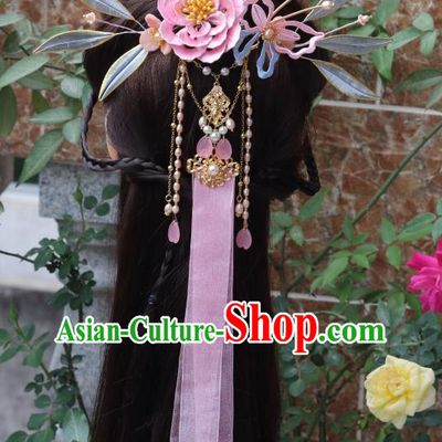 Chinese Ancient Young Beauty Ribbon Tassel Hairpin Traditional Ming Dynasty Princess Pink Silk Peony Hair Claw