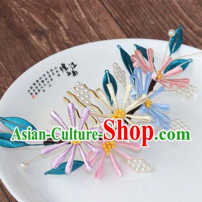 Chinese Ancient Princess Pearls Hairpin Traditional Song Dynasty Silk Chrysanthemum Hair Comb