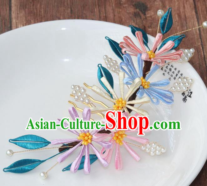 Chinese Ancient Princess Pearls Hairpin Traditional Song Dynasty Silk Chrysanthemum Hair Comb Chinese Ancient Princess Pearls Hairpin Traditional Song Dynasty Silk Chrysanthemum Hair Comb