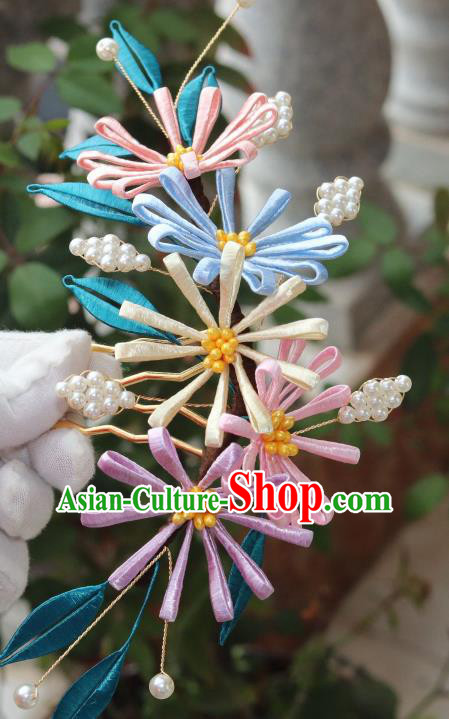 Chinese Ancient Princess Pearls Hairpin Traditional Song Dynasty Silk Chrysanthemum Hair Comb Chinese Ancient Princess Pearls Hairpin Traditional Song Dynasty Silk Chrysanthemum Hair Comb