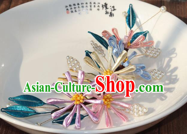 Chinese Ancient Princess Pearls Hairpin Traditional Song Dynasty Silk Chrysanthemum Hair Comb Chinese Ancient Princess Pearls Hairpin Traditional Song Dynasty Silk Chrysanthemum Hair Comb