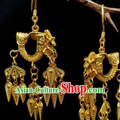 China Handmade Ancient Queen Earrings Traditional Ming Dynasty Golden Dragon Head Ear Jewelry