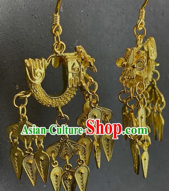 China Handmade Ancient Queen Earrings Traditional Ming Dynasty Golden Dragon Head Ear Jewelry China Handmade Ancient Queen Earrings Traditional Ming Dynasty Golden Dragon Head Ear Jewelry