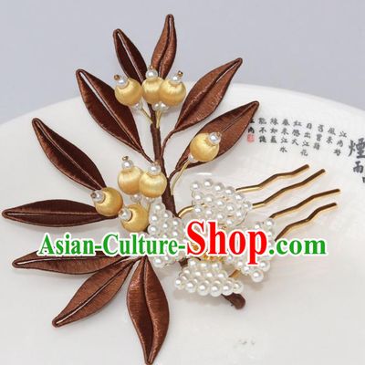 Chinese Ancient Young Lady Pearls Hairpin Traditional Ming Dynasty Brown Silk Leaf Hair Comb