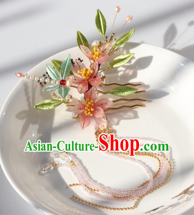 Chinese Ancient Hanfu Beads Tassel Hairpin Traditional Ming Dynasty Pink Flowers Hair Comb Chinese Ancient Hanfu Beads Tassel Hairpin Traditional Ming Dynasty Pink Flowers Hair Comb